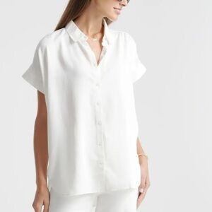 Quince Vintage Wash Tencel Camp Shirt Classic White Button-Up Top